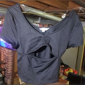 Black Crop Cinched Top with Mid-section Cut-out by Aero